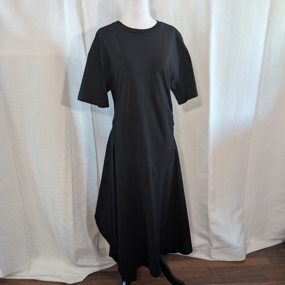 Bailey 44 Black Asymmetrical T-Shirt Midi Dress Ruched Cotton Short Sleeve Large